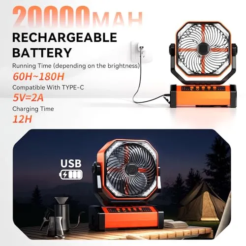 Camping LED Fan w/ Light,20000mAh Rechargeable Battery Powered Tent Fan