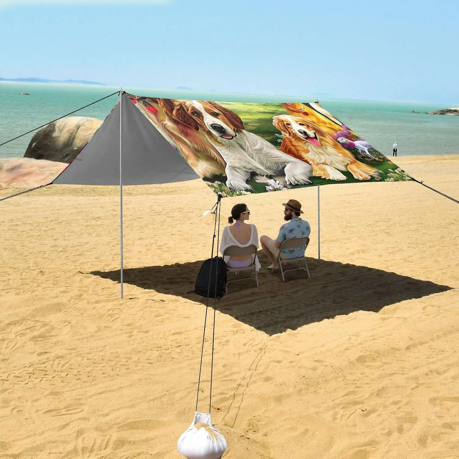 Canopy Beach Tent 9.2 × 10.5 FT Sun Shade Outdoor Patio Cute Dogs Flower Garden Outside Camping Sun Shelter Shelters with Sand Anchor Poles