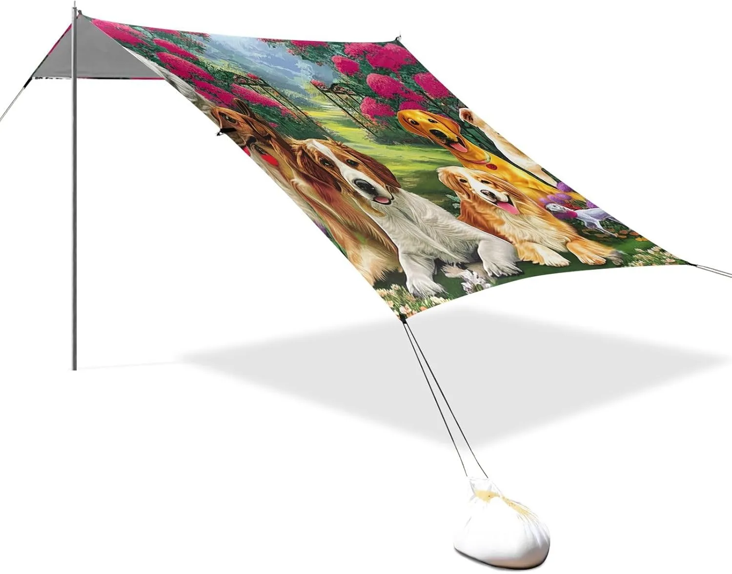 Canopy Beach Tent 9.2 × 10.5 FT Sun Shade Outdoor Patio Cute Dogs Flower Garden Outside Camping Sun Shelter Shelters with Sand Anchor Poles