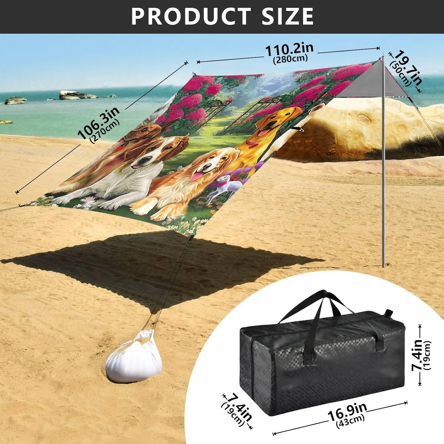 Canopy Beach Tent 9.2 × 10.5 FT Sun Shade Outdoor Patio Cute Dogs Flower Garden Outside Camping Sun Shelter Shelters with Sand Anchor Poles