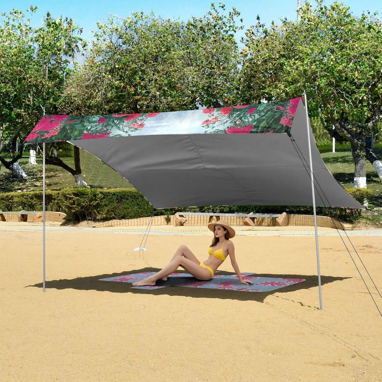 Canopy Beach Tent 9.2 × 10.5 FT Sun Shade Outdoor Patio Cute Dogs Flower Garden Outside Camping Sun Shelter Shelters with Sand Anchor Poles