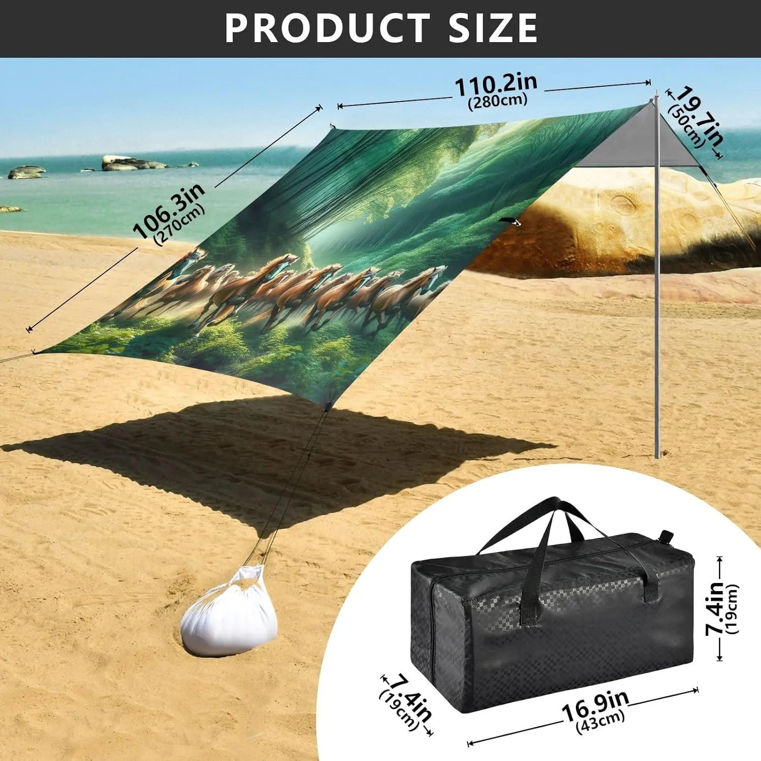 Canopy Beach Tent Horses Running Animals Sun Shade Outdoor Patio 9.2 × 10.5 FT for Adults Sand Camping Sun Shelter Wind Sail Shade with Sandbags Anchor