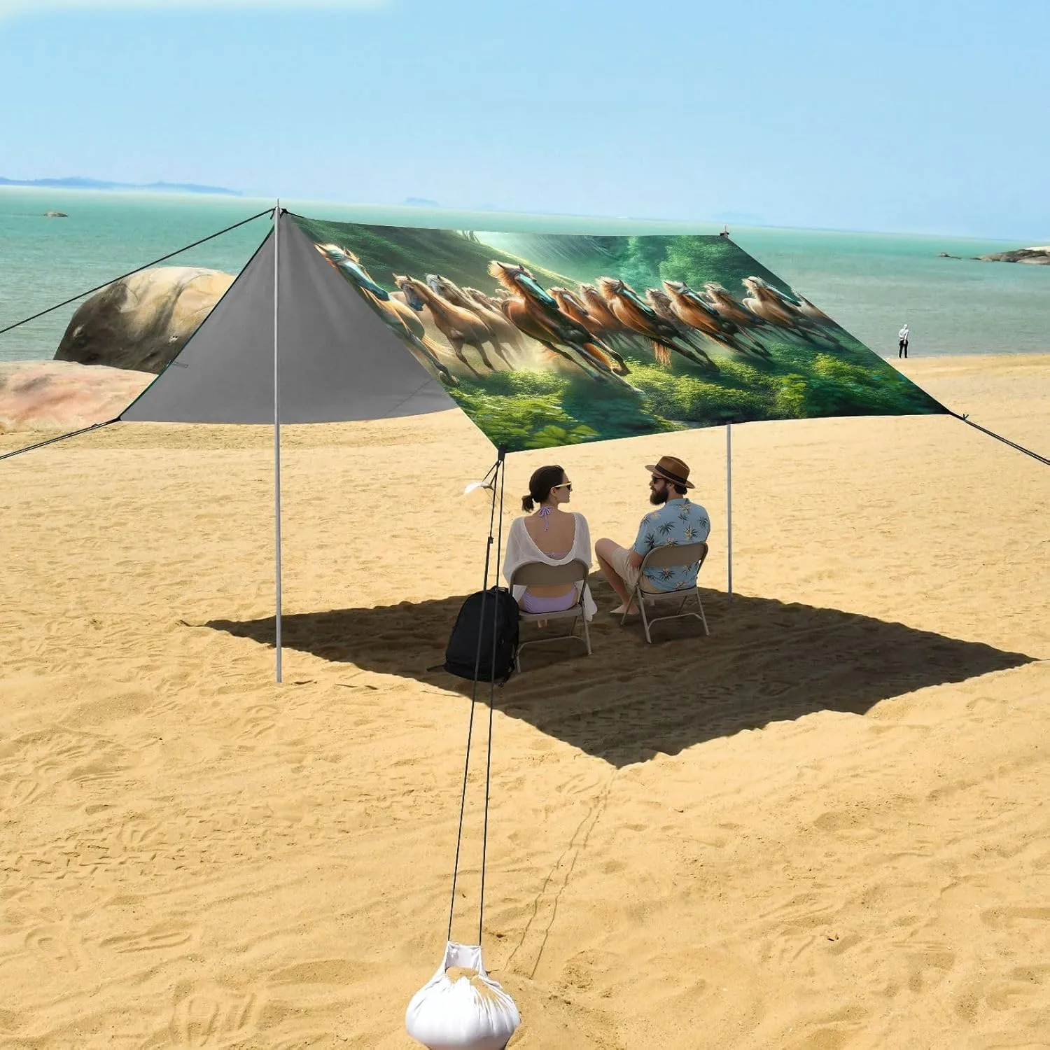Canopy Beach Tent Horses Running Animals Sun Shade Outdoor Patio 9.2 × 10.5 FT for Adults Sand Camping Sun Shelter Wind Sail Shade with Sandbags Anchor