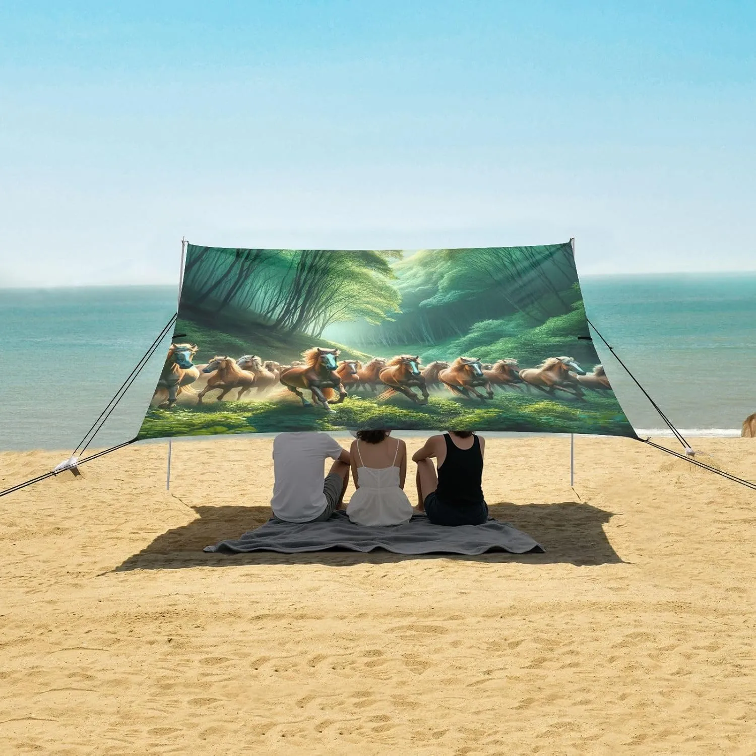 Canopy Beach Tent Horses Running Animals Sun Shade Outdoor Patio 9.2 × 10.5 FT for Adults Sand Camping Sun Shelter Wind Sail Shade with Sandbags Anchor