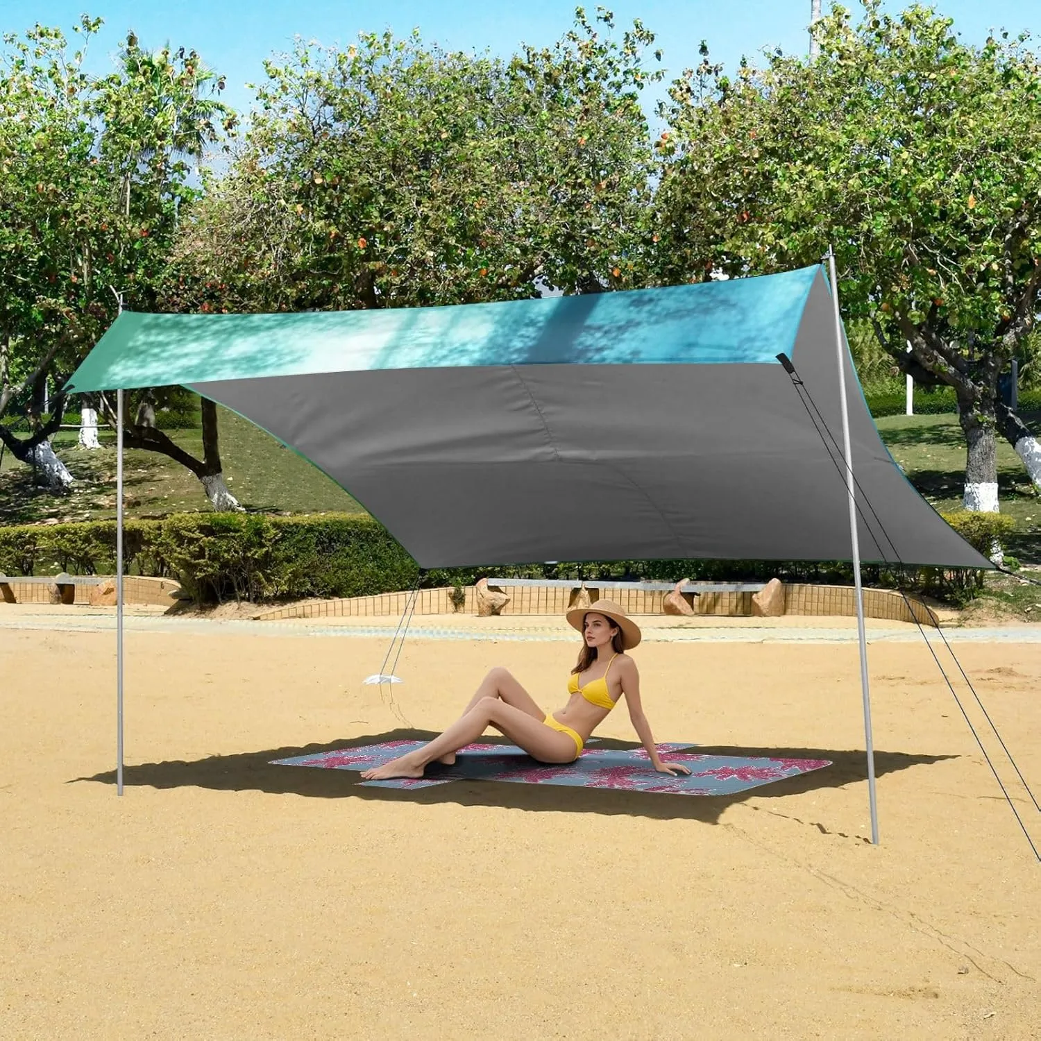 Canopy Beach Tent Outdoor Patio Sun Shade 9.2 × 10.5 FT Large Travel Camping Sun Shelter Floral Fairy Forest Butterflies Wind Sail Shade with Sandbags Anchor