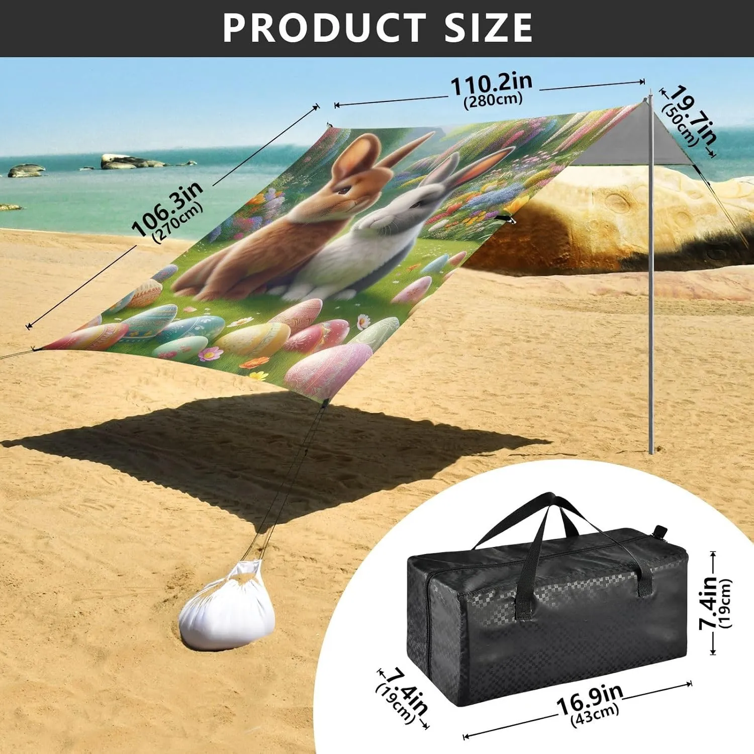 Canopy Beach Tent Outdoor Sun Shade Patio 9.2 × 10.5 FT Adorable Bunnies Easter Egg Travel Camping Sun Shelter Aesthetic Sunshade with Anchor Poles Easy up