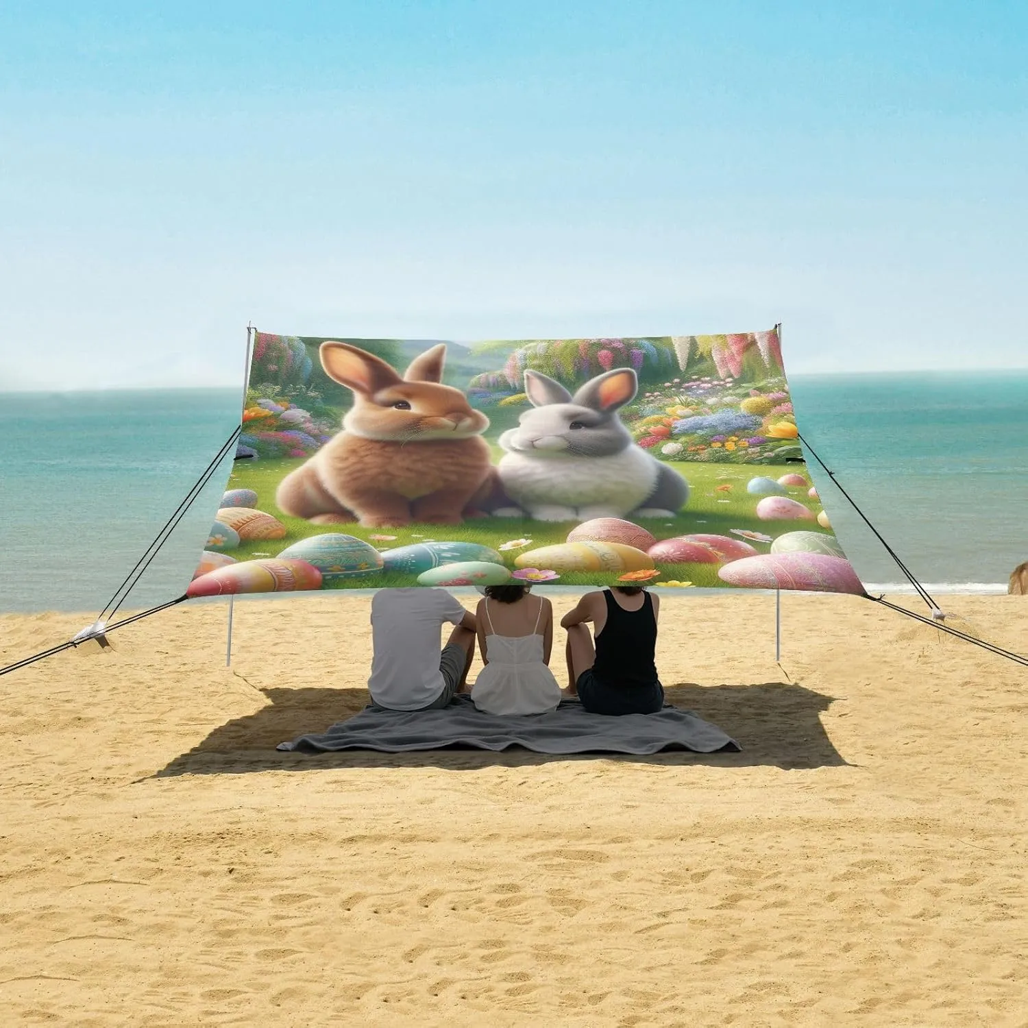 Canopy Beach Tent Outdoor Sun Shade Patio 9.2 × 10.5 FT Adorable Bunnies Easter Egg Travel Camping Sun Shelter Aesthetic Sunshade with Anchor Poles Easy up