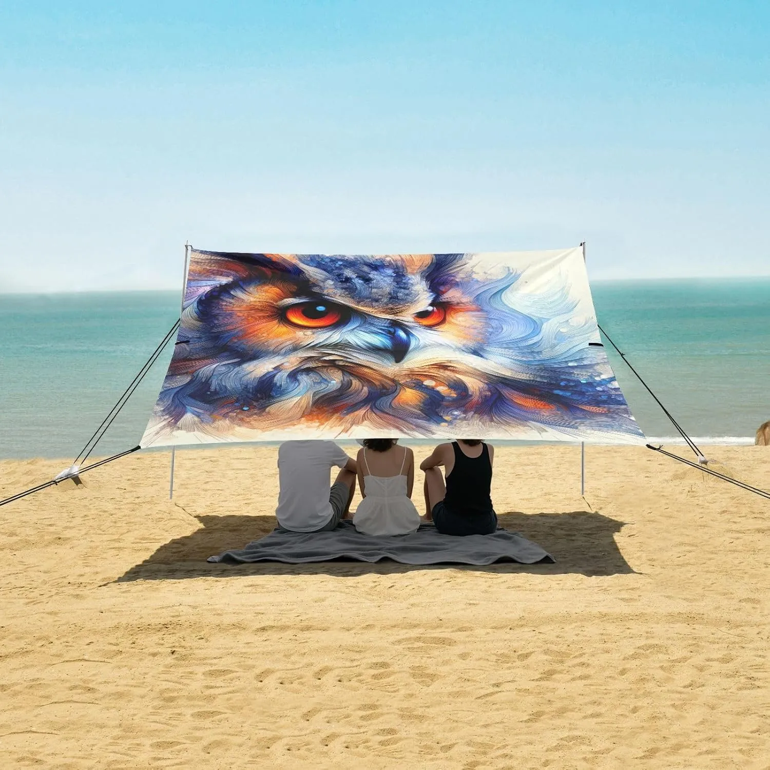 Canopy Beach Tent Outdoor Sun Shade Patio 9.2 × 10.5 FT Watercolor Owl Face Travel Camping Sun Shelter Pool Wind Sail Shade with Sand Bags Poles