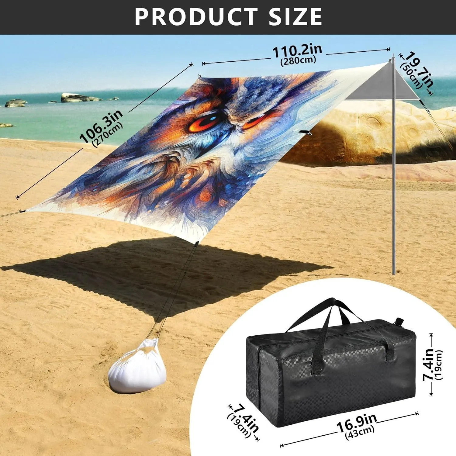 Canopy Beach Tent Outdoor Sun Shade Patio 9.2 × 10.5 FT Watercolor Owl Face Travel Camping Sun Shelter Pool Wind Sail Shade with Sand Bags Poles