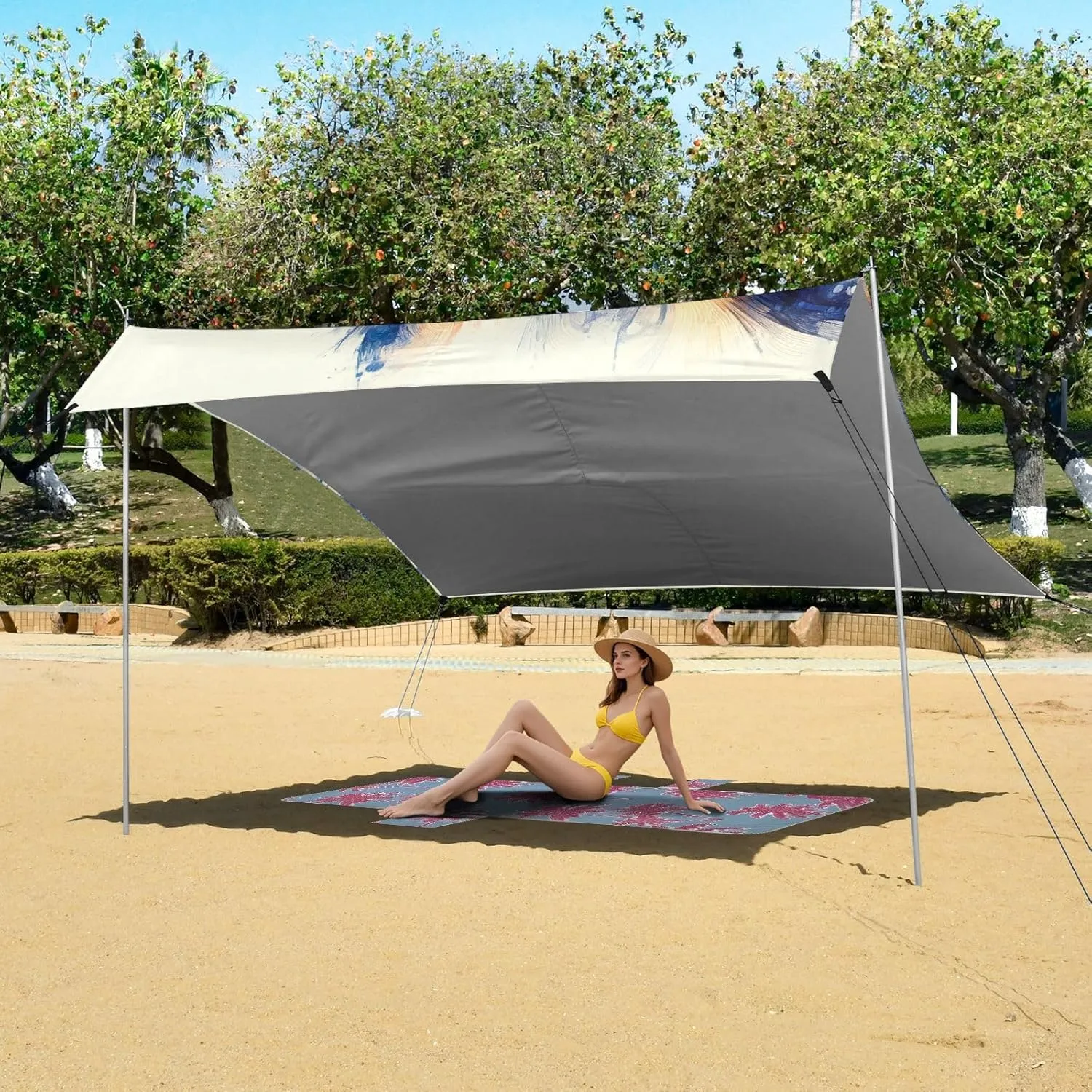 Canopy Beach Tent Outdoor Sun Shade Patio 9.2 × 10.5 FT Watercolor Owl Face Travel Camping Sun Shelter Pool Wind Sail Shade with Sand Bags Poles