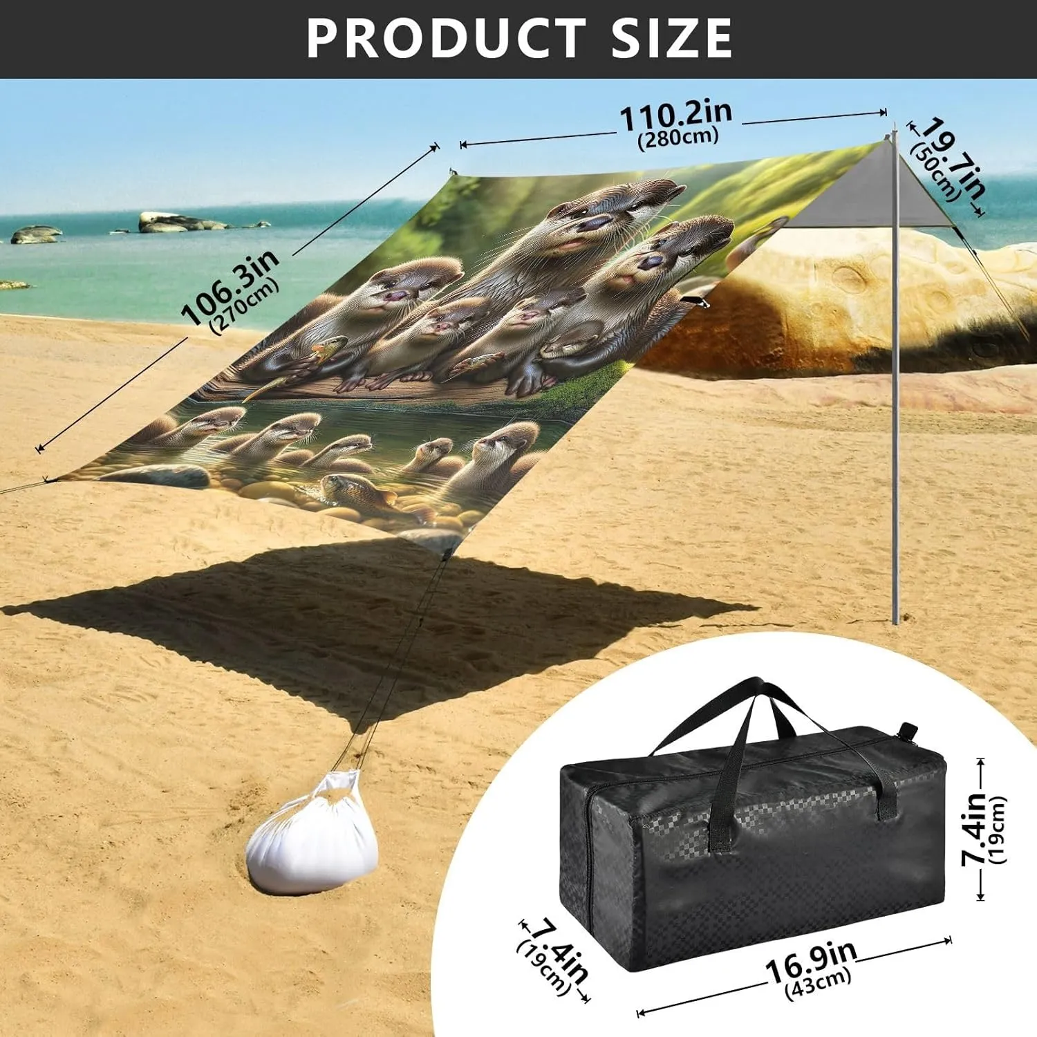 Canopy Tent Beach Sun Shade Outdoor Patio 9.2 × 10.5 FT Animals Otter Family Camping Sun Shelter Shades Canopies with Sandbags Anchor