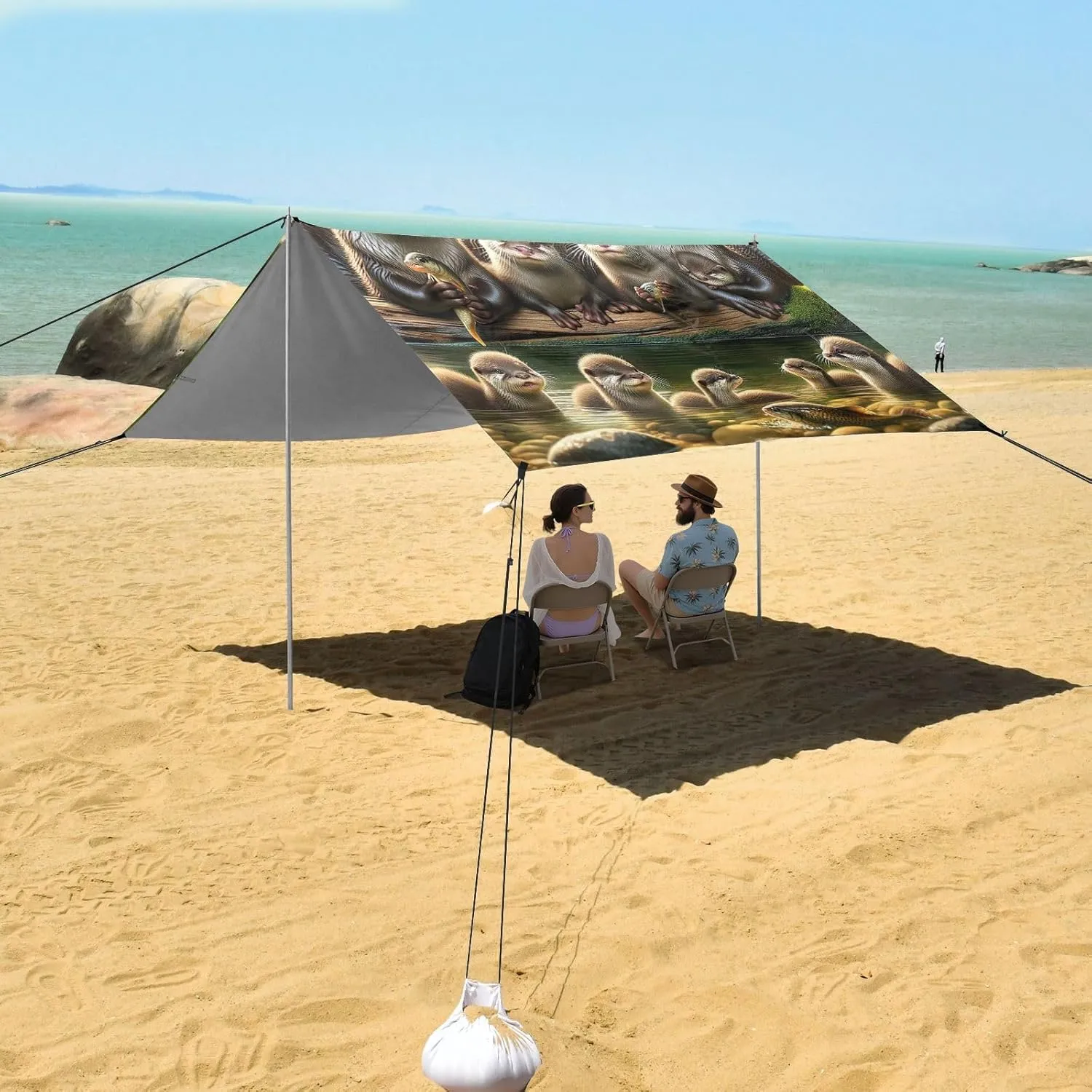 Canopy Tent Beach Sun Shade Outdoor Patio 9.2 × 10.5 FT Animals Otter Family Camping Sun Shelter Shades Canopies with Sandbags Anchor