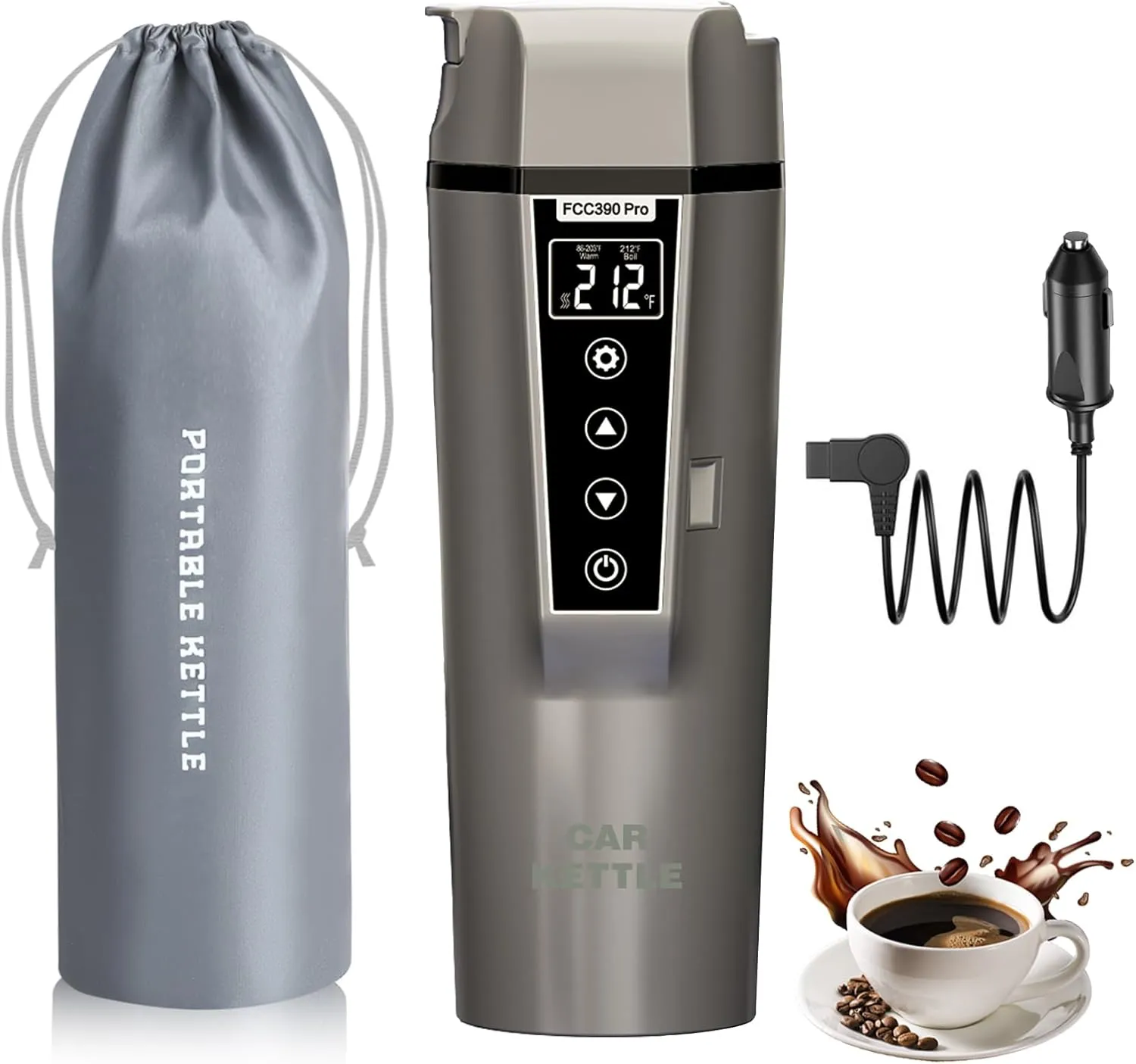 Car Electric Kettle: 12V/24V Portable Water Boiler Heated Travel Mug,Multiple Temperature Adjustable Coffee Tea Truck Cup with 304 Stainless Steel Dry Burn Protection & Handy Cup Bag (Taupe, 400 ML)