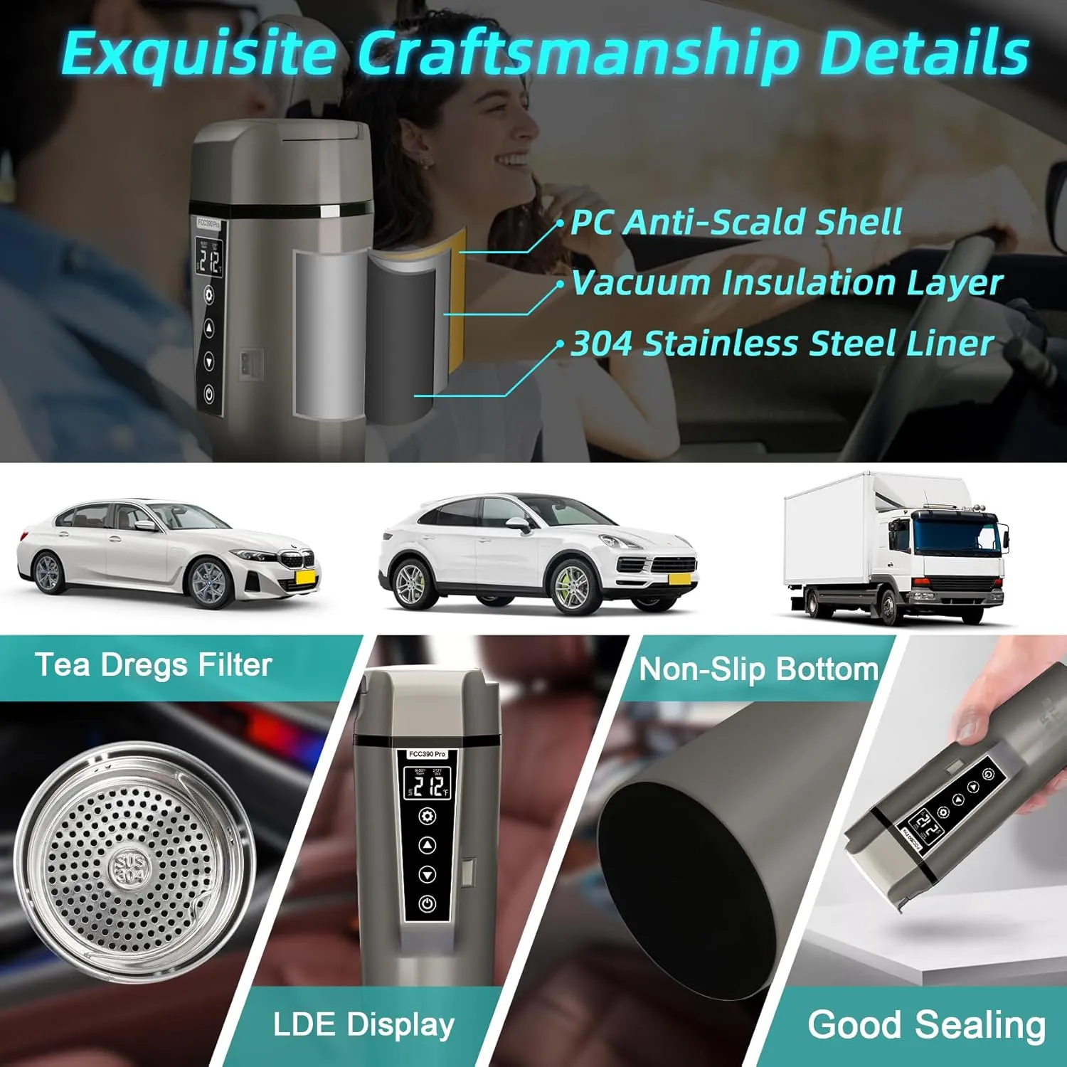 Car Electric Kettle: 12V/24V Portable Water Boiler Heated Travel Mug,Multiple Temperature Adjustable Coffee Tea Truck Cup with 304 Stainless Steel Dry Burn Protection & Handy Cup Bag (Taupe, 400 ML)
