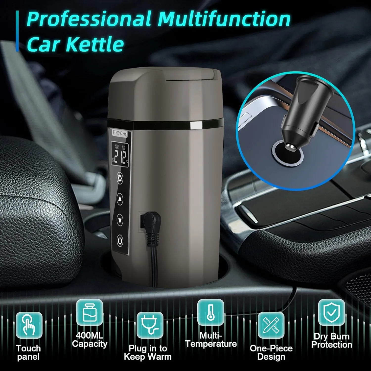 Car Electric Kettle: 12V/24V Portable Water Boiler Heated Travel Mug,Multiple Temperature Adjustable Coffee Tea Truck Cup with 304 Stainless Steel Dry Burn Protection & Handy Cup Bag (Taupe, 400 ML)