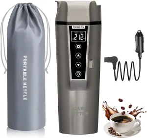 Car Electric Kettle: 12V/24V Portable Water Boiler Heated Travel Mug,Multiple Temperature Adjustable Coffee Tea Truck Cup with 304 Stainless Steel Dry Burn Protection & Handy Cup Bag (Taupe, 400 ML)