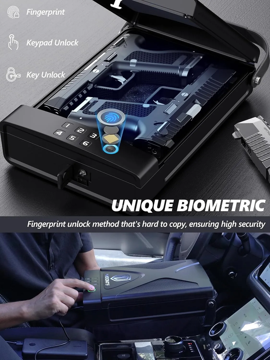 Car Gun Safe, Portable Biometric Safes for Pistols with Cable, Fingerprint & Keypad & Key Access Handgun Lock Box for Vehicle Travel Home