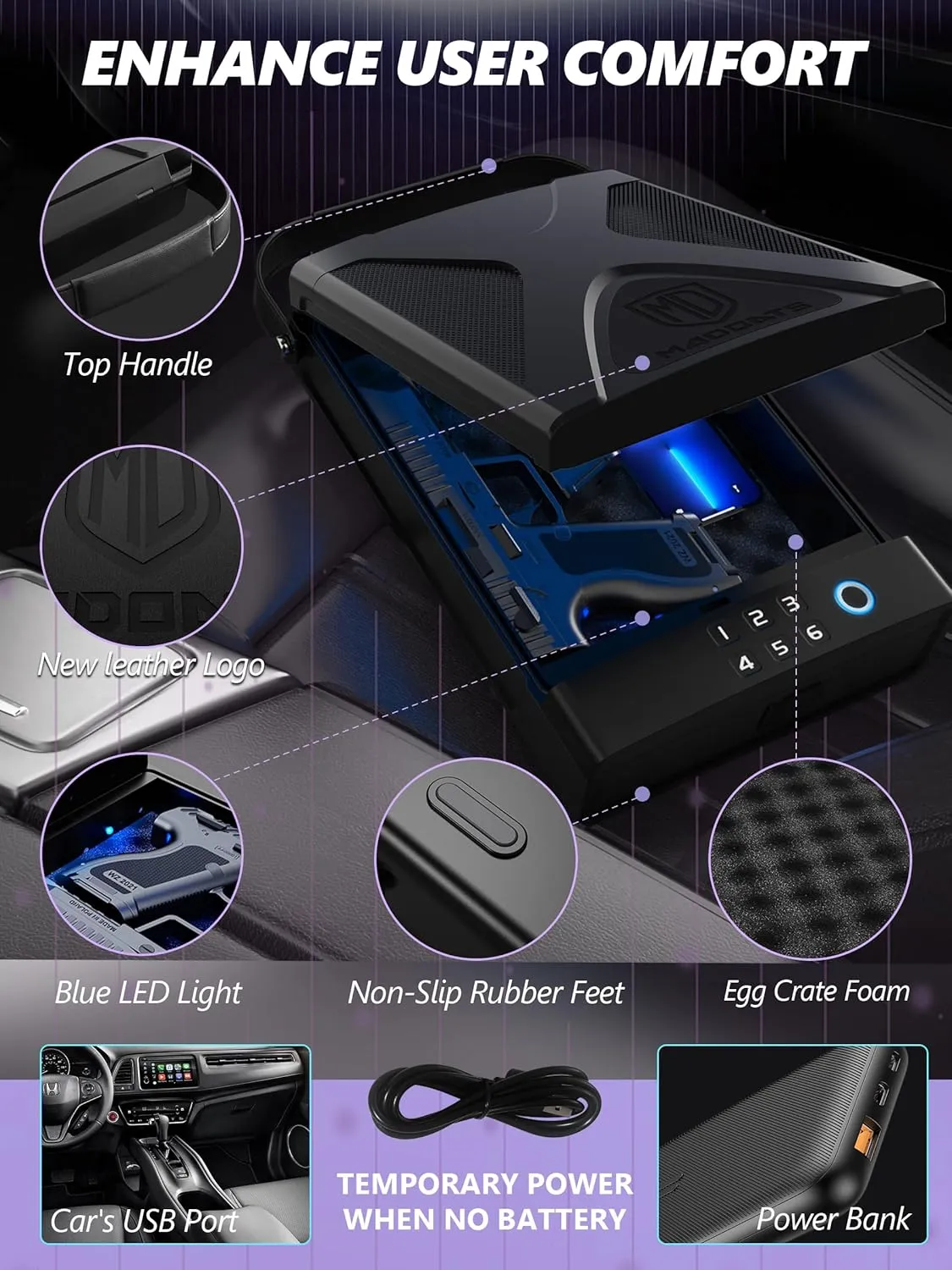 Car Gun Safe, Portable Biometric Safes for Pistols with Cable, Fingerprint & Keypad & Key Access Handgun Lock Box for Vehicle Travel Home