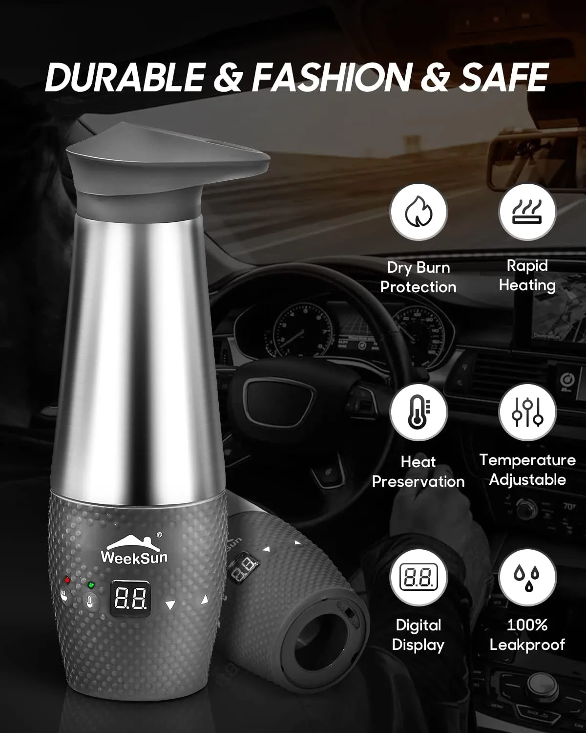 Car Kettle 12V, Portable Car Kettle Water Boiler with Temperature Control, Stainless Steel Inner, Quick Boiling, Auto Shut-Off, Leak Proof and Boil-Dry Protection, 348ml