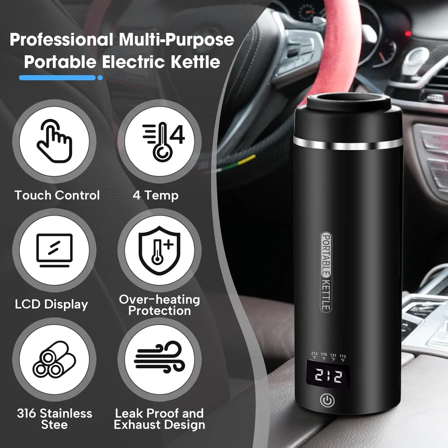 Car Kettle Water Boiler 12V - Portable Electric Kettle Car Coffee Maker 500ml, 4 Adjustable Temperature for Coffee Tea Heater, Car Travel Kettle 316 Stainless Steel (Black)