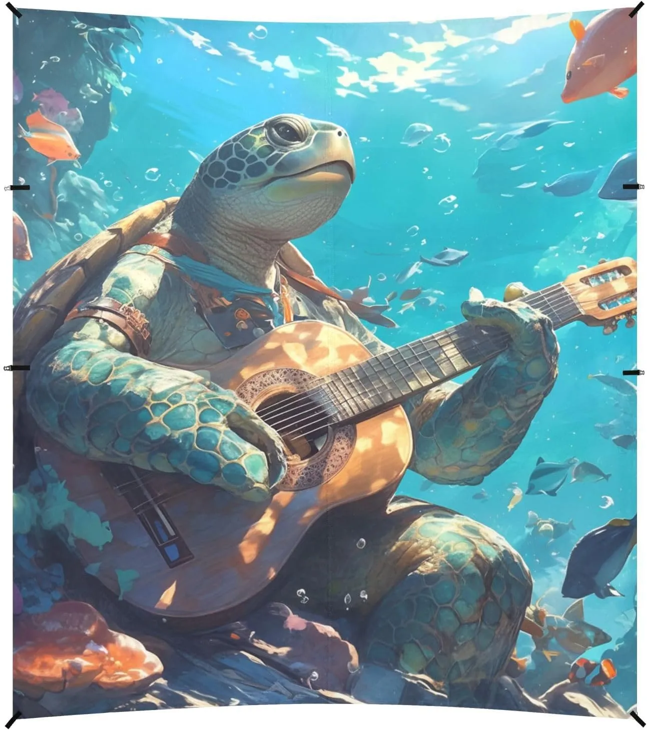 Cartoon Cute Green Turtle Playing Guitar Beach Cabana Tent UPF50  Protection Water-Resistant Portable Sun Shelter with Sandbags and Shovel for Backyard, Grassland, Park