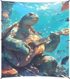 Cartoon Cute Green Turtle Playing Guitar Beach Cabana Tent UPF50  Protection Water-Resistant Portable Sun Shelter with Sandbags and Shovel for Backyard, Grassland, Park