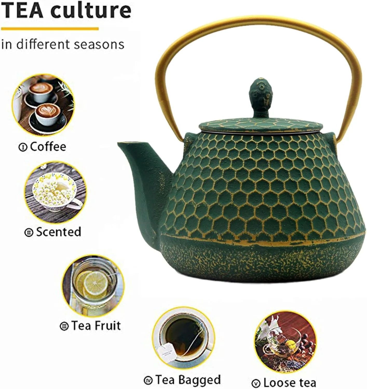 Cast Iron Tea Kettle Set, 33.8oz Hexagon Pattern Teapot Set with Cups, Teapot Coated with Enameled Interior, Durable Cast Iron Teapot Set with Stainless Steel Infuser
