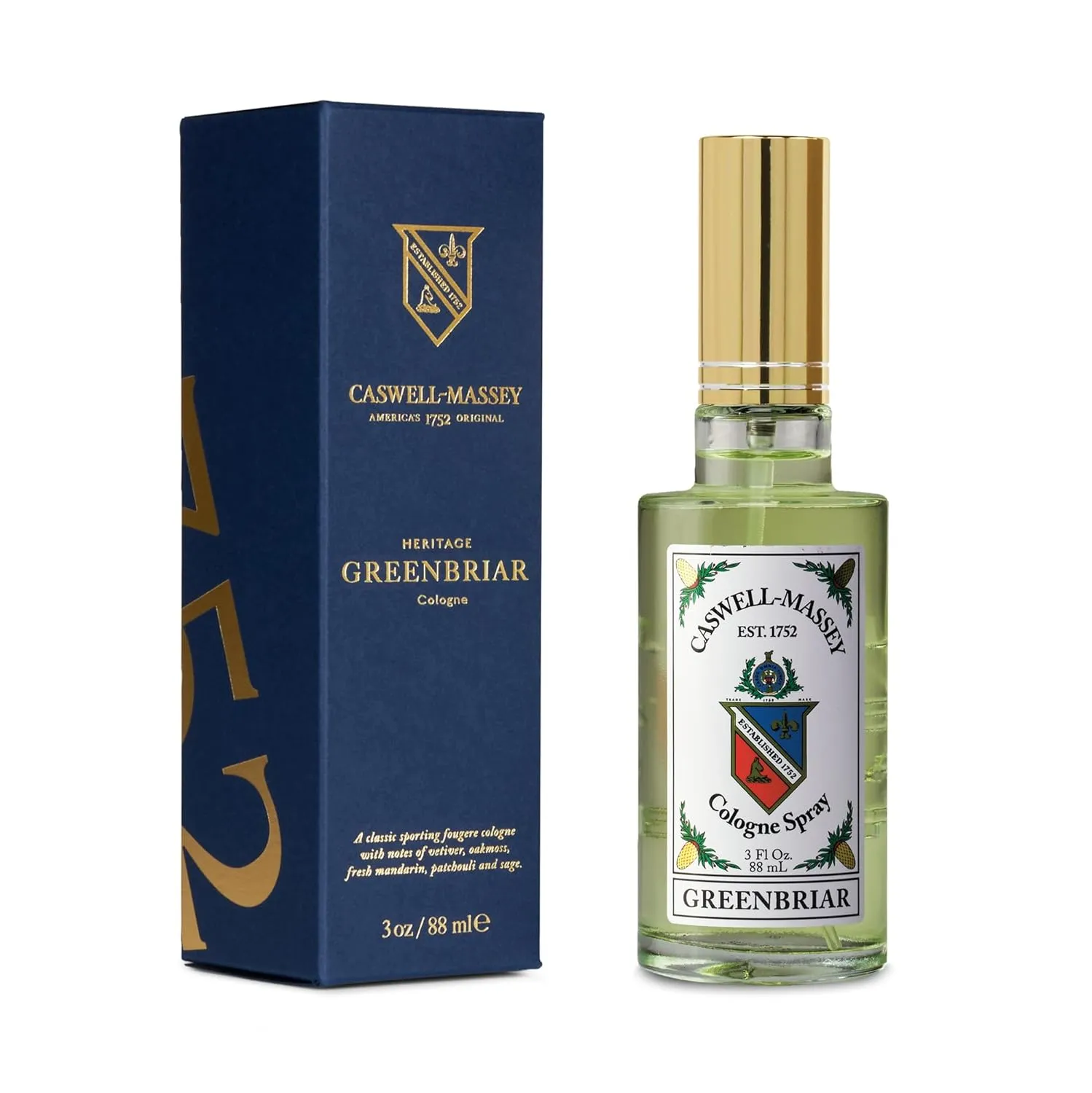 Caswell-Massey Greenbriar Gold Cap Cologne, Men’s Cologne with Classic and Zesty Scent with Citrus, Sage & Rugged Velvety Notes, 3 Fl Oz