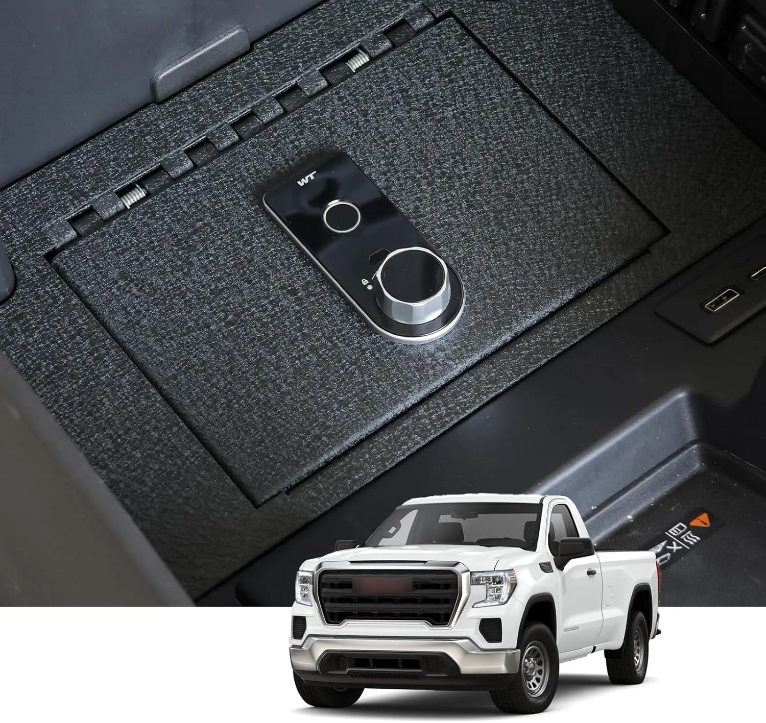 Center Console Gun Safe - Console Gun Vault Compatible with Chevy Silverado 1500/GMC Sierra 1500 2023-2025, FIT 2022 Refreshed Model (Fingerprint Lock with Key)