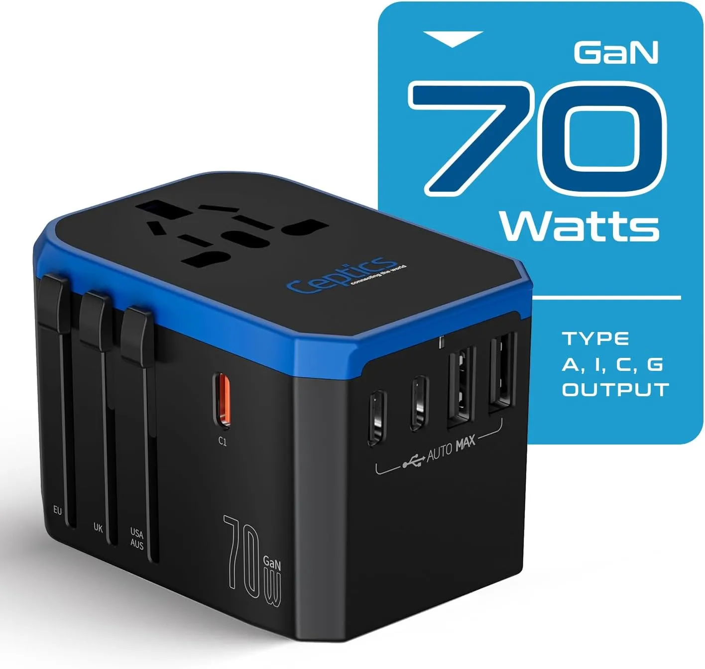 Ceptics 70W World International Travel Plug Adapter - Powerful GaN Tech with Pd & QC 3.0 Dual 3X USB-C Power - 2 USB Ports Wall Charger Type I C G A Outlets 110V 220V A/C - EU Euro US UK (70-KU)