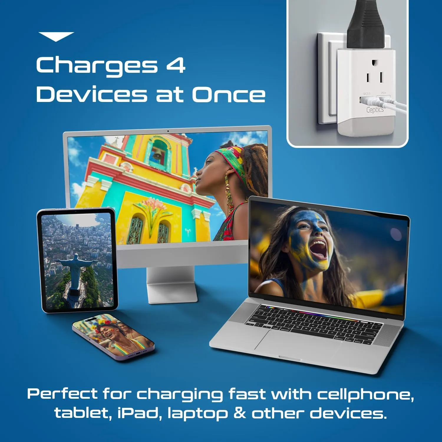 Ceptics Brazil Rio Power Plug Adapter Travel QC 3.0 & PD, Safe Dual USB & USB-C - 2 USA Socket Compact & Powerful - Supports Quick Charge 3.0 & Power Delivery - Type N AP-11C - Fast Charging