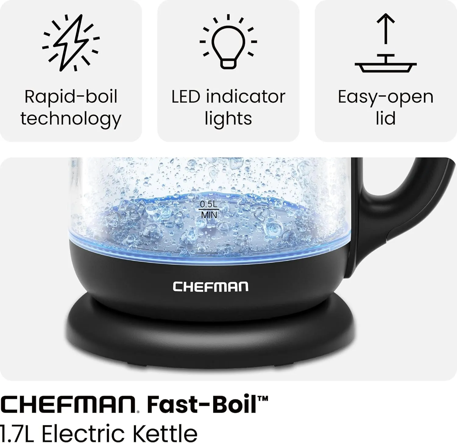 Chefman 1.7 Liter Electric Glass Tea Kettle, Fast Hot Water Boiler, One Touch Operation, Boils 7 Cups, Swivel Base & Cordless Pouring, Auto Shut-Off