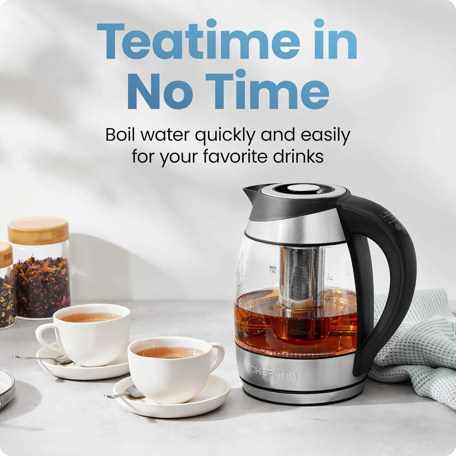 Chefman Electric Kettle with Temperature Control, 5 Presets LED Indicator Lights, Removable Tea Infuser, Glass Tea Kettle & Hot Water Boiler, 360° Swivel Base, BPA Free, Stainless Steel, 1.8 Liters