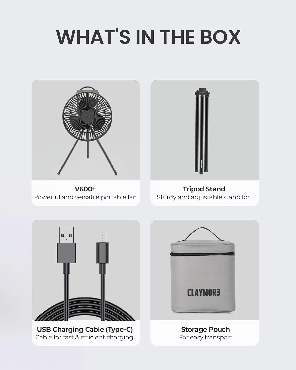 Claymore Portable Fan V600  (Warm Gray) - Portable, Airflow for Outdoors Use & Indoor Living Room, Desk, Table Fan. Super Quiet, USB-C Charging, Long-Lasting Battery, Includes Storage Case.