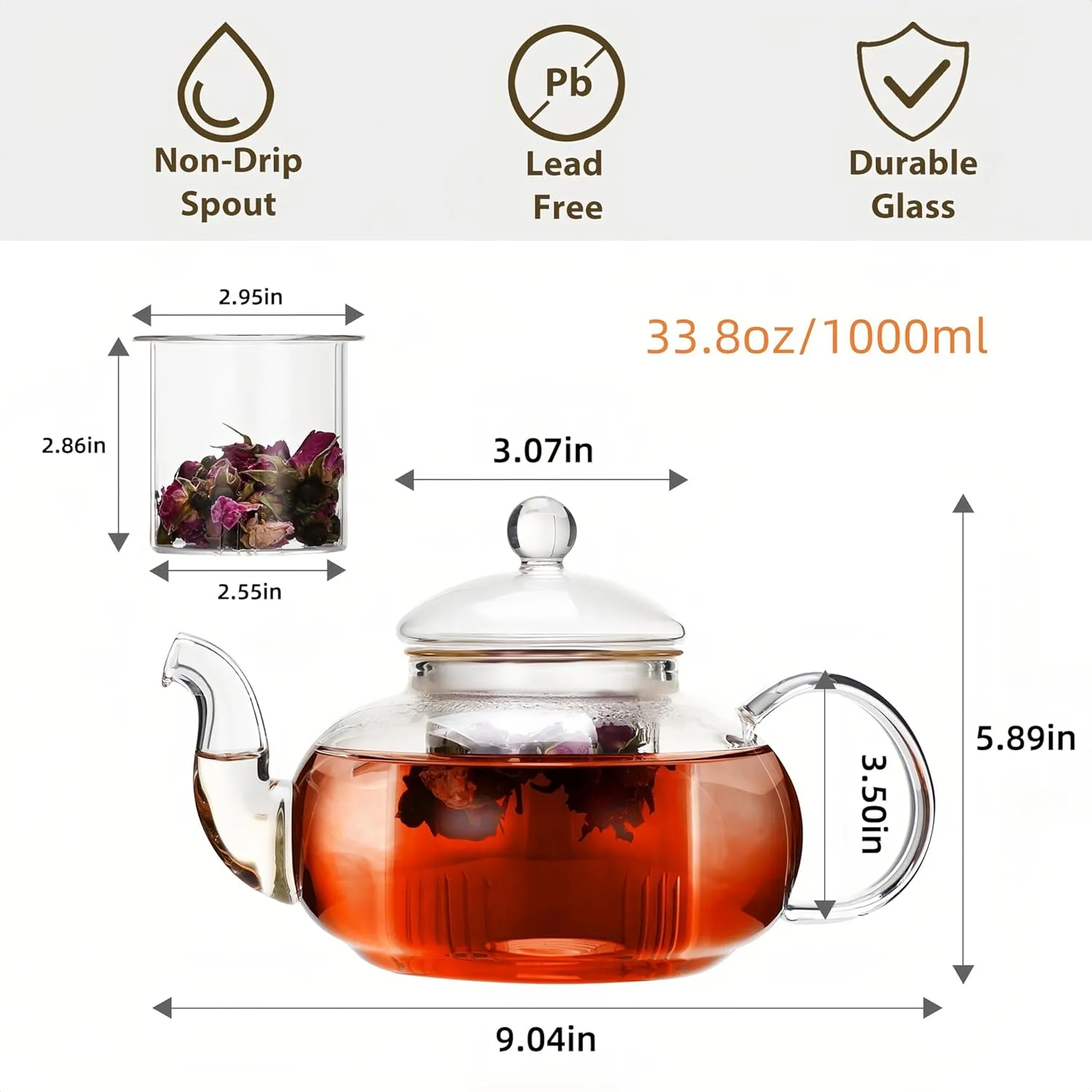 CnGlass 33.8oz Glass Teapot with Removable Infuser,Stovetop Safe Tea Kettle,Blooming & Loose Leaf Tea Pot