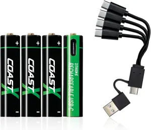 Coast AAA USB-C Rechargeable Batteries, ZITHION-X, Lithium Ion 1.5v 750 mAh, Long Lasting, Charges Under 1.3 Hours, Charging Cable Included, 4-Battery Pack