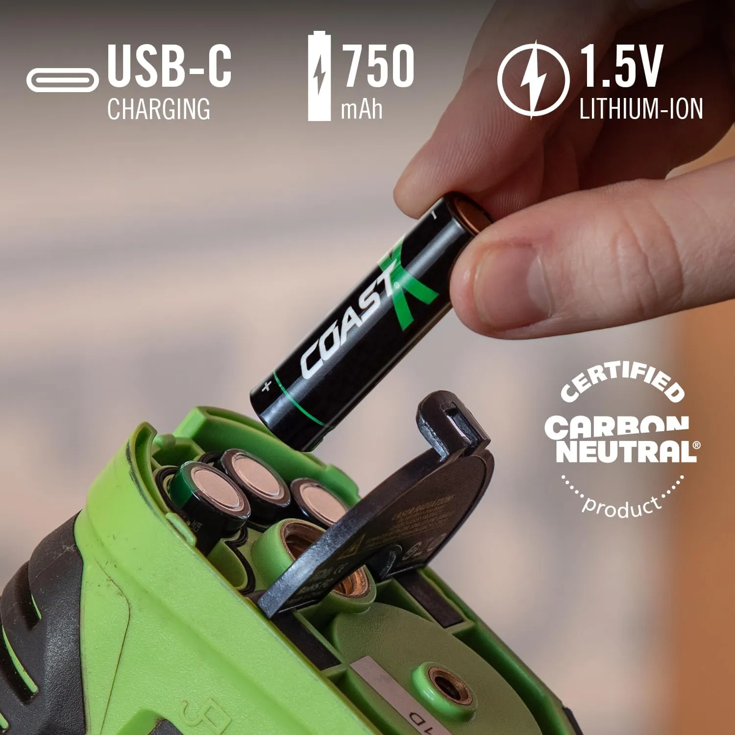 Coast AAA USB-C Rechargeable Batteries, ZITHION-X, Lithium Ion 1.5v 750 mAh, Long Lasting, Charges Under 1.3 Hours, Charging Cable Included, 4-Battery Pack