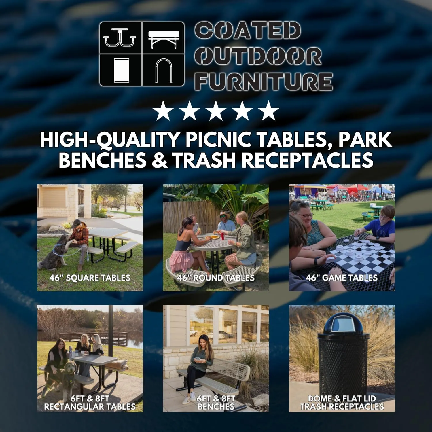 Coated Outdoor Furniture Heavy-Duty Portable Outdoor Picnic Table, Thermoplastic Coated Punched Steel Commercial-Grade Patio Dining Furniture Made in America (6ft Rectangular, Light Blue)