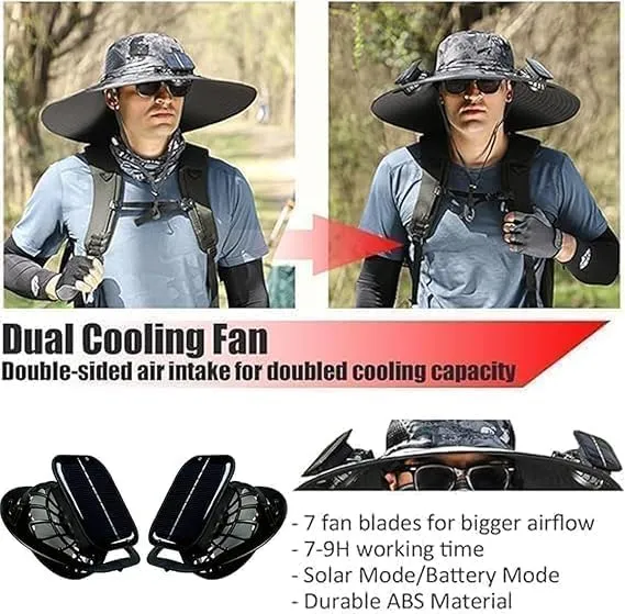 Colitt Fishing hat, Solar Powered Fan Hat, Wide Brim Solar Fan Hat Outdoor Fishing, Removable USB Charging Fan