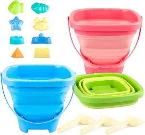 Collapsible Beach Bucket Set - 3 Pack Collapsible Buckets with Shovels and Sand Molds, Sandbox Beach Toys for Kids, Beach Essentials for Summer Outdoor Activities