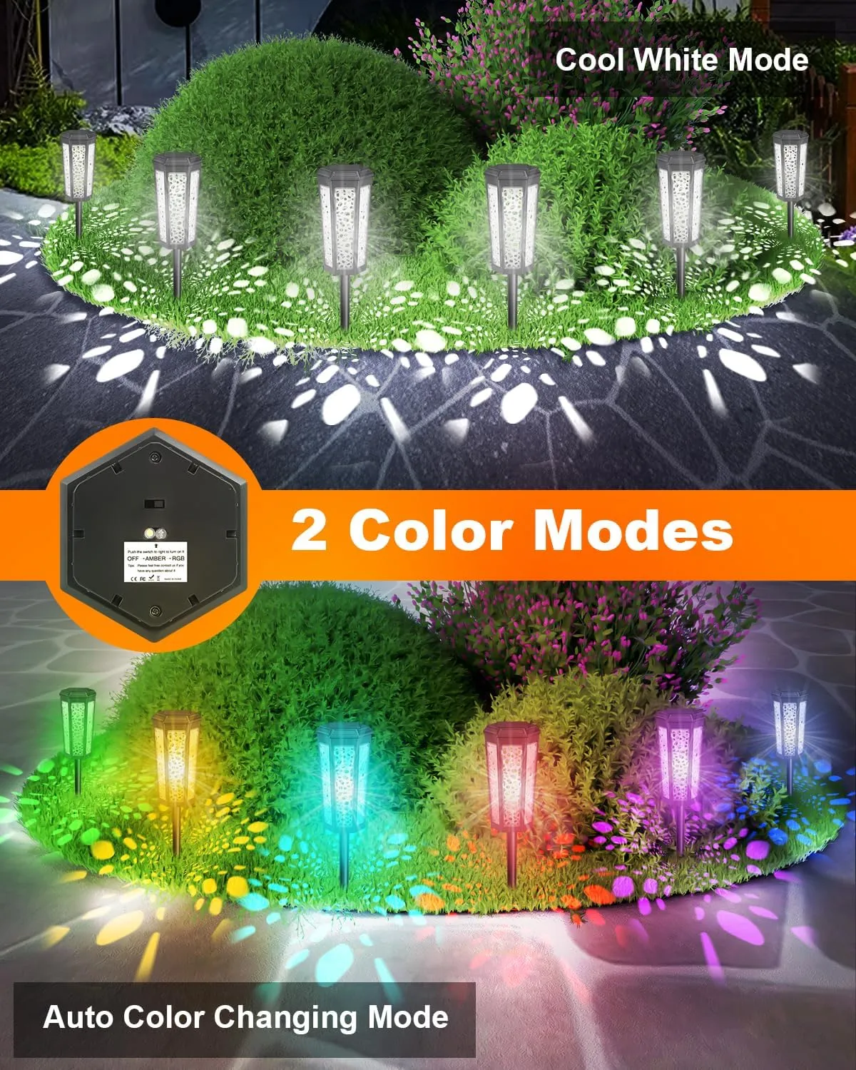 Colored Solar Powered Pathway Landscape Lights Outdoor Cool White & RGB Dusk to Dawn Waterproof for Garden Sideway Outside, Patio, Path, Yard, Walkway, Driveway, 2 Modes 6 Pack Accent Modern Design