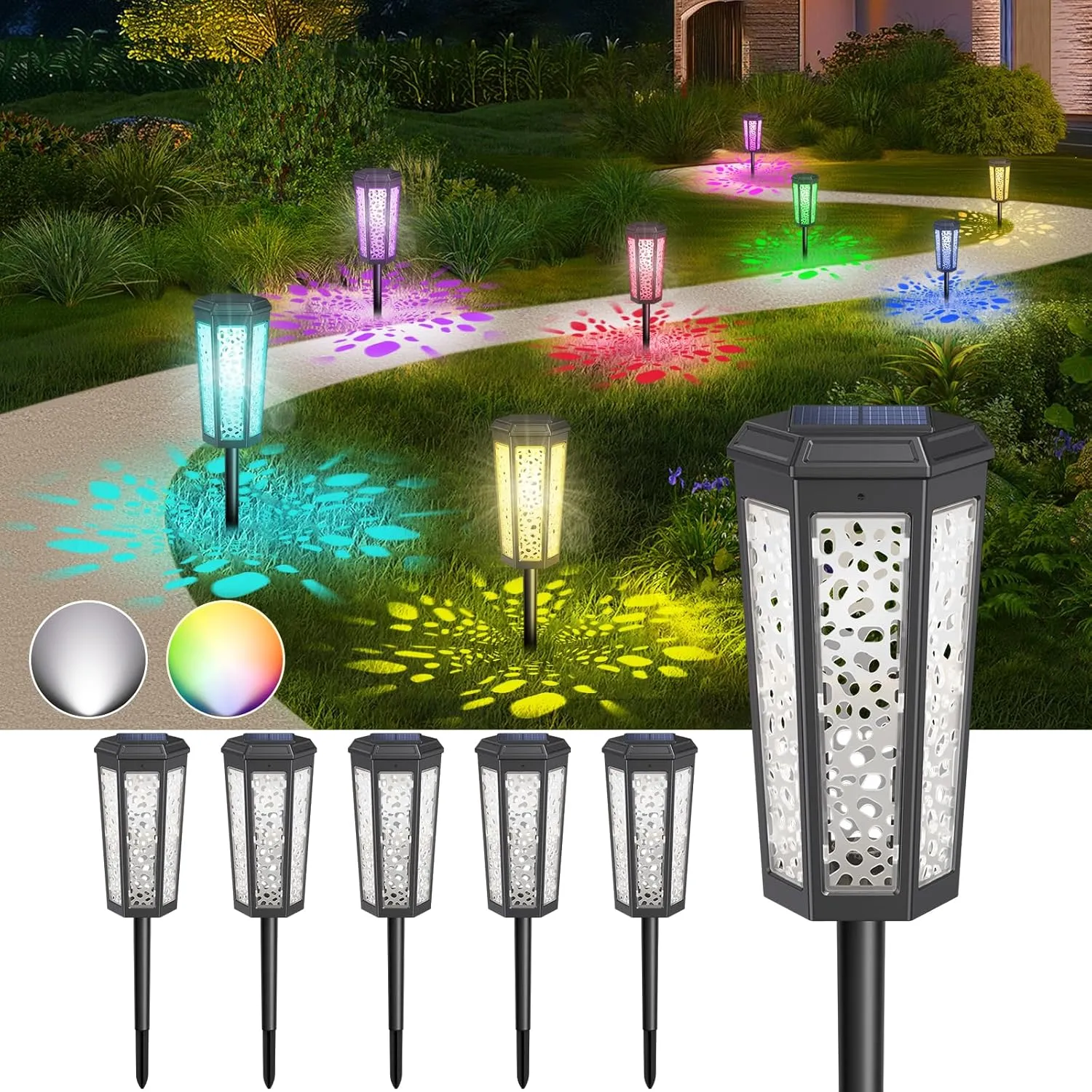 Colored Solar Powered Pathway Landscape Lights Outdoor Cool White & RGB Dusk to Dawn Waterproof for Garden Sideway Outside, Patio, Path, Yard, Walkway, Driveway, 2 Modes 6 Pack Accent Modern Design