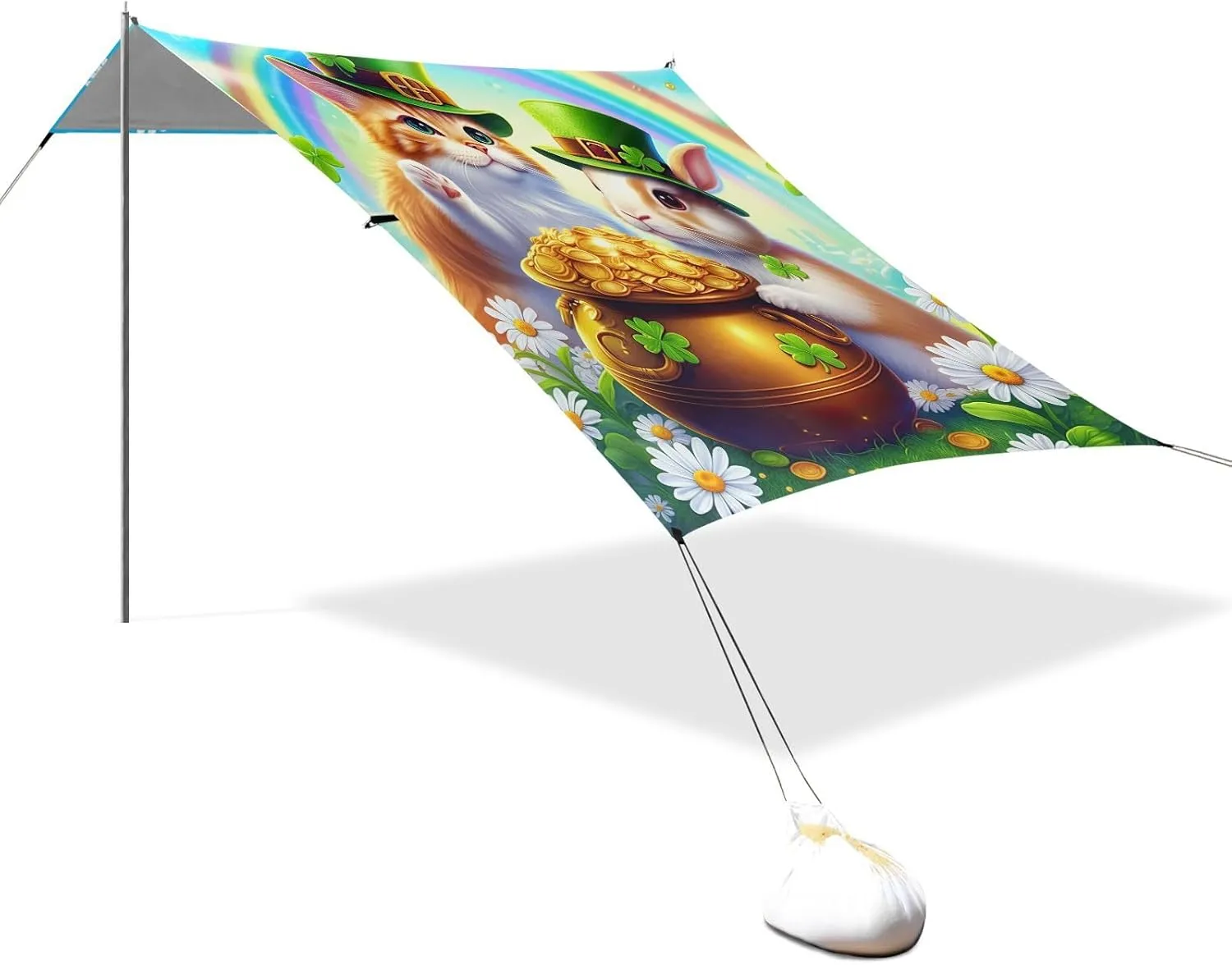 Colorful Cat Rabbit Green Hats St Beach Tent Canopy 9.2 × 10.5 FT Outdoor Patio Sun Shade Outside Sunshade Camping Sun Shelter with Poles Sandbags Easy