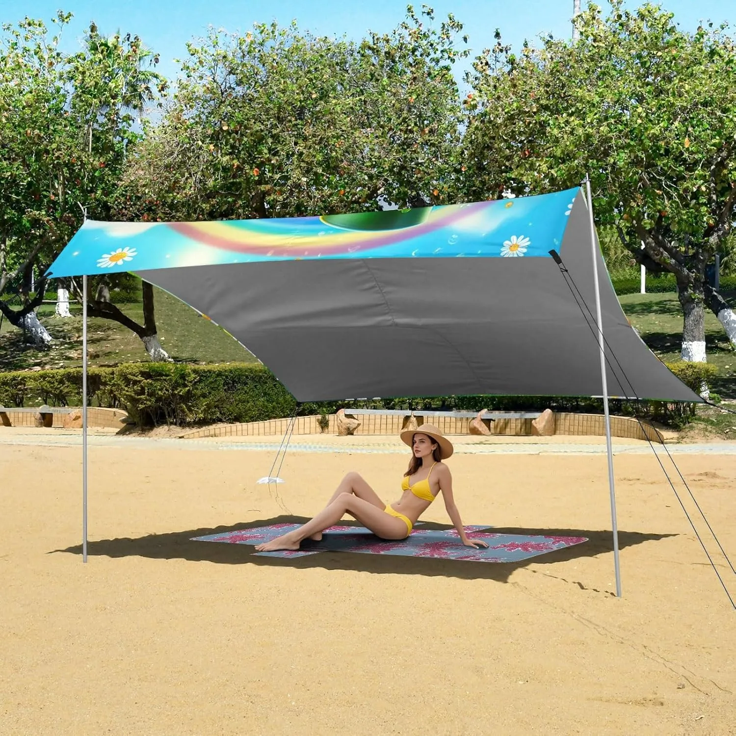 Colorful Cat Rabbit Green Hats St Beach Tent Canopy 9.2 × 10.5 FT Outdoor Patio Sun Shade Outside Sunshade Camping Sun Shelter with Poles Sandbags Easy