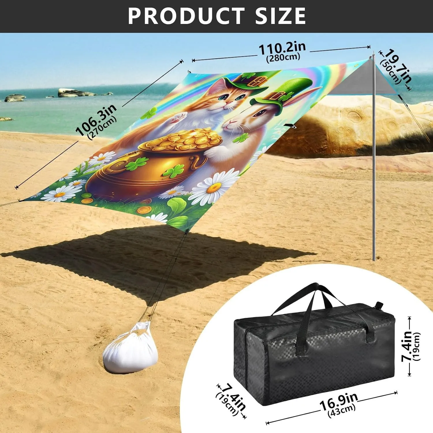 Colorful Cat Rabbit Green Hats St Beach Tent Canopy 9.2 × 10.5 FT Outdoor Patio Sun Shade Outside Sunshade Camping Sun Shelter with Poles Sandbags Easy