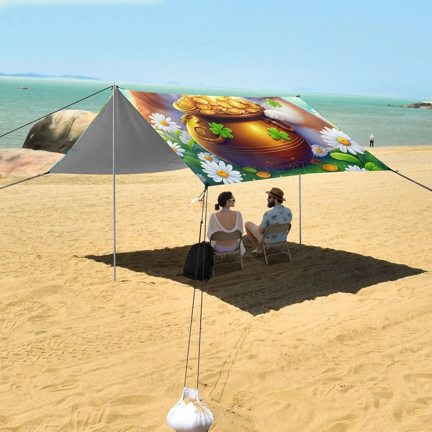 Colorful Cat Rabbit Green Hats St Beach Tent Canopy 9.2 × 10.5 FT Outdoor Patio Sun Shade Outside Sunshade Camping Sun Shelter with Poles Sandbags Easy