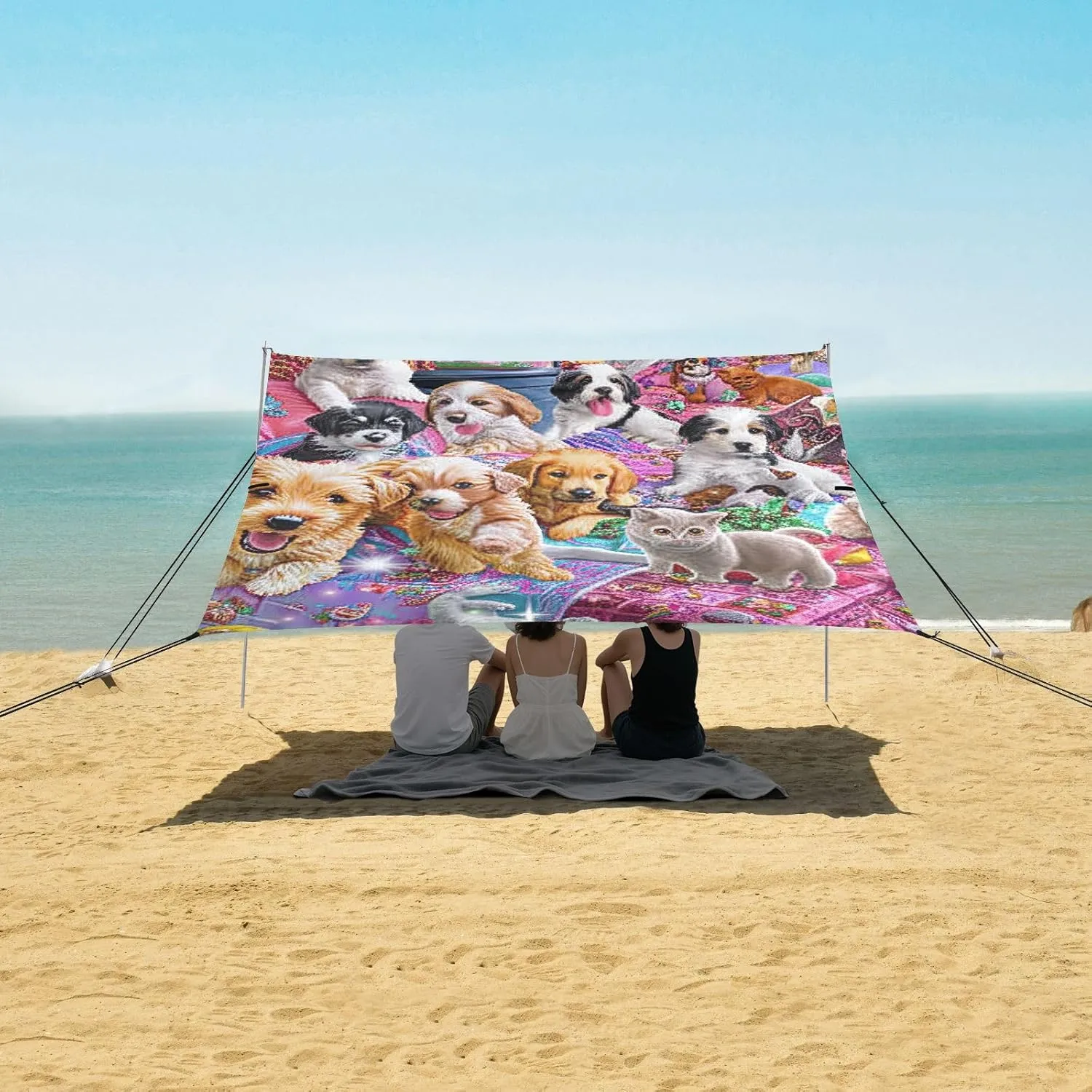 Colorful Cute Puppies Dogs Beach Tent Canopy 9.2 × 10.5 FT Outdoor Patio Shade Cute Print Wind Sail Shade Portable Camping Shelter with Anchor Poles Easy up