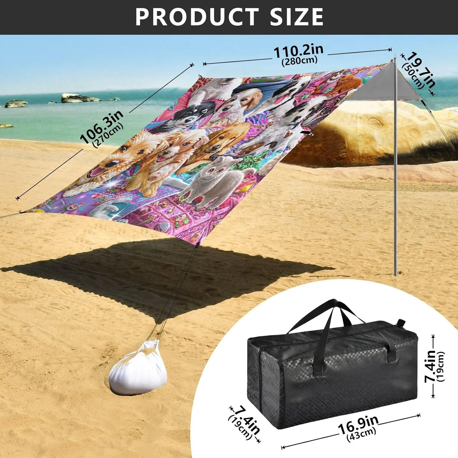 Colorful Cute Puppies Dogs Beach Tent Canopy 9.2 × 10.5 FT Outdoor Patio Shade Cute Print Wind Sail Shade Portable Camping Shelter with Anchor Poles Easy up
