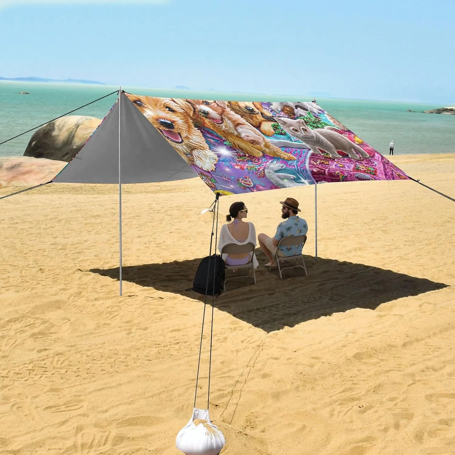 Colorful Cute Puppies Dogs Beach Tent Canopy 9.2 × 10.5 FT Outdoor Patio Shade Cute Print Wind Sail Shade Portable Camping Shelter with Anchor Poles Easy up