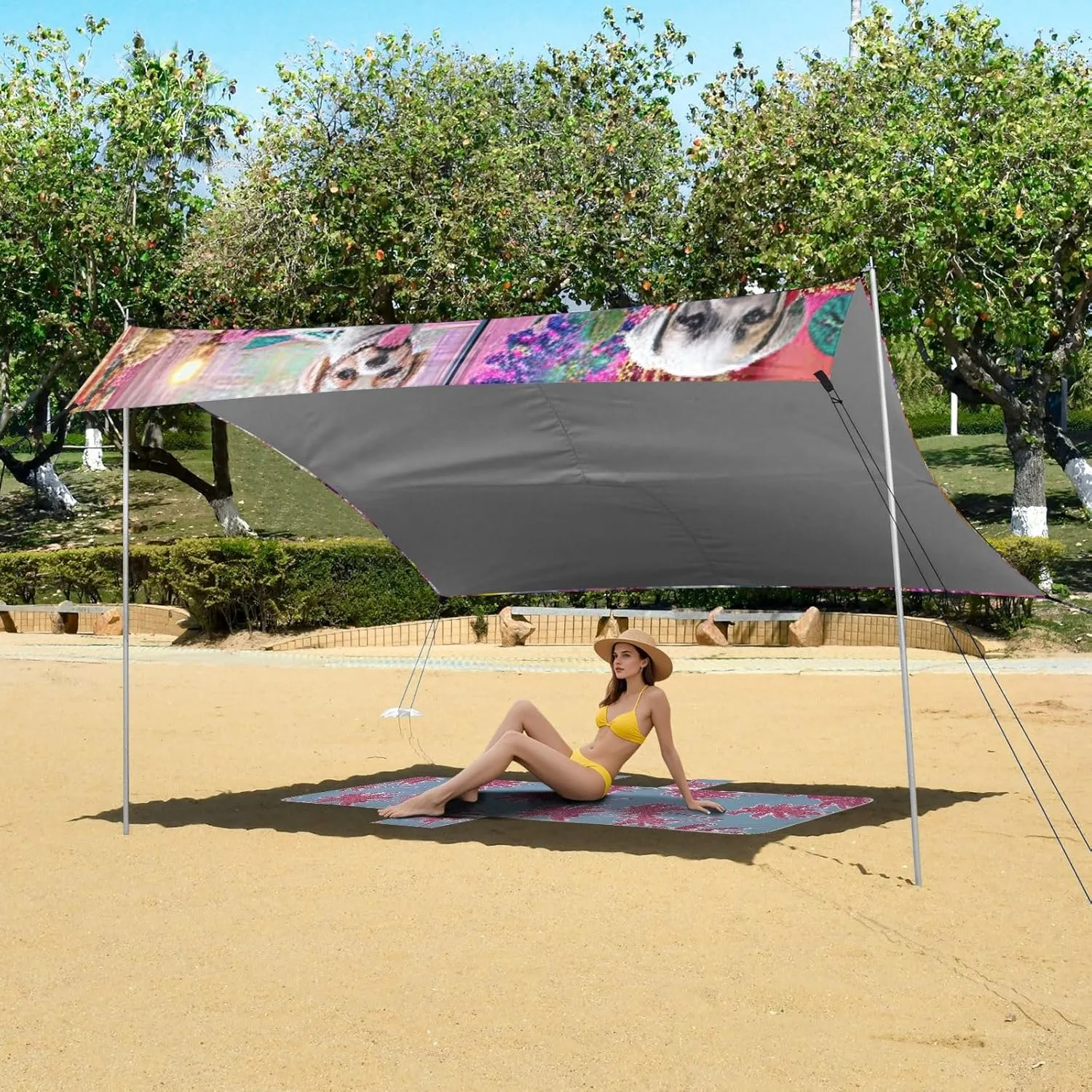 Colorful Cute Puppies Dogs Beach Tent Canopy 9.2 × 10.5 FT Outdoor Patio Shade Cute Print Wind Sail Shade Portable Camping Shelter with Anchor Poles Easy up